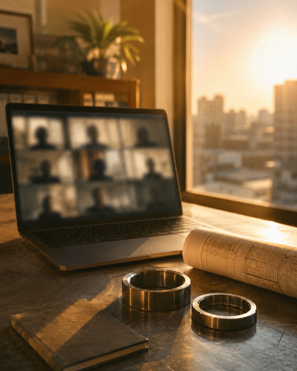 夕方のオフィスの机。西日の中、ノートPCに海外との打ち合わせが映り、図面と金属部品が並ぶイメージ